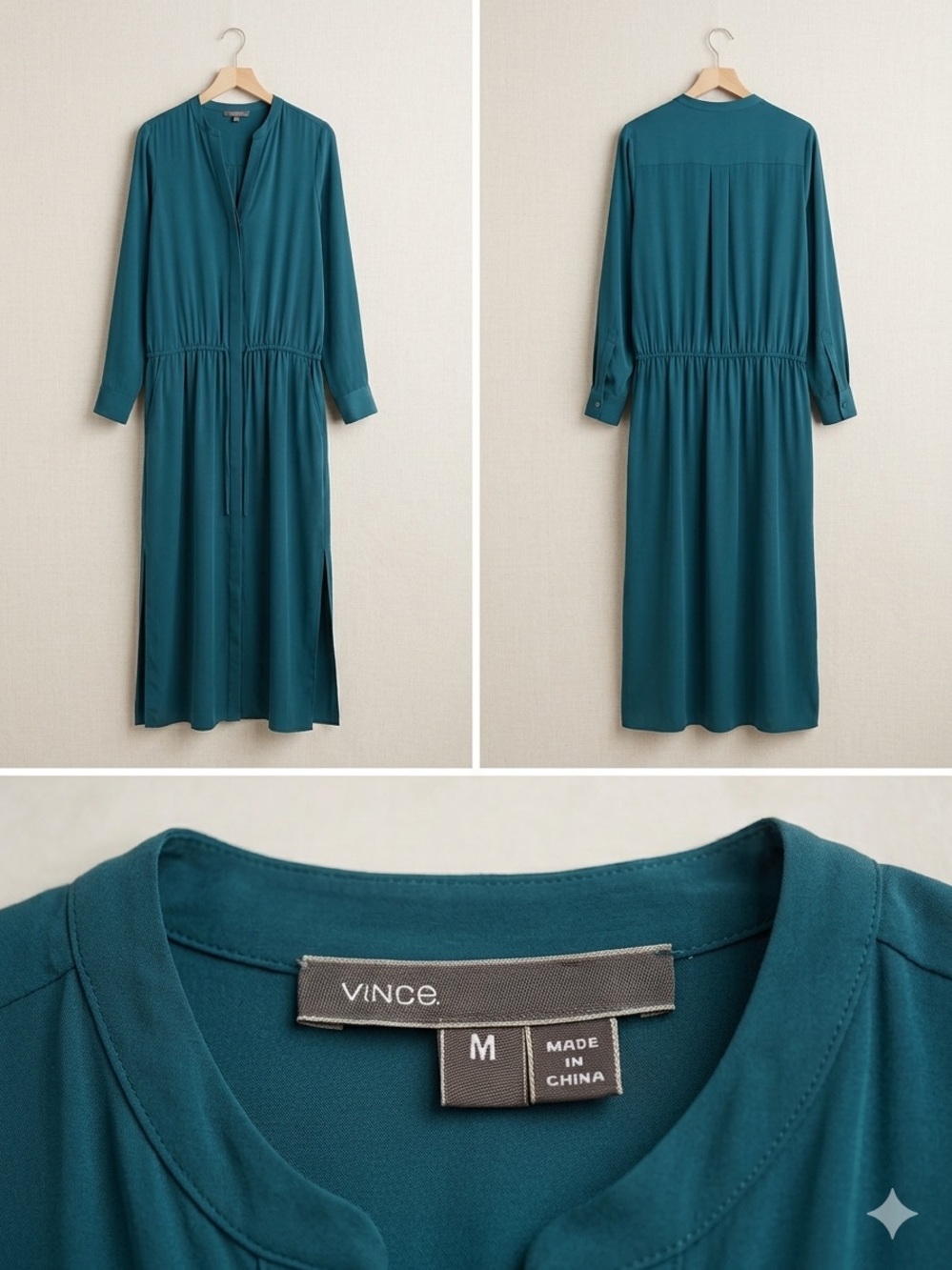 Vince Teal Long-Sleeve Drawstring Maxi Dress with Side Slits - Picture 2 of 11